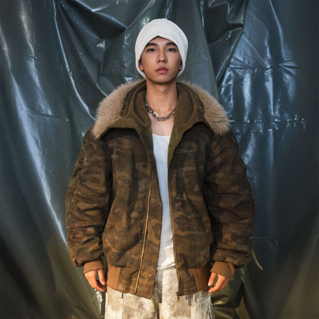 RECOVER ZONE Camo Faux-Fur Collar Bomber Jacket-Jacket-S-Free Shipping Leatheretro