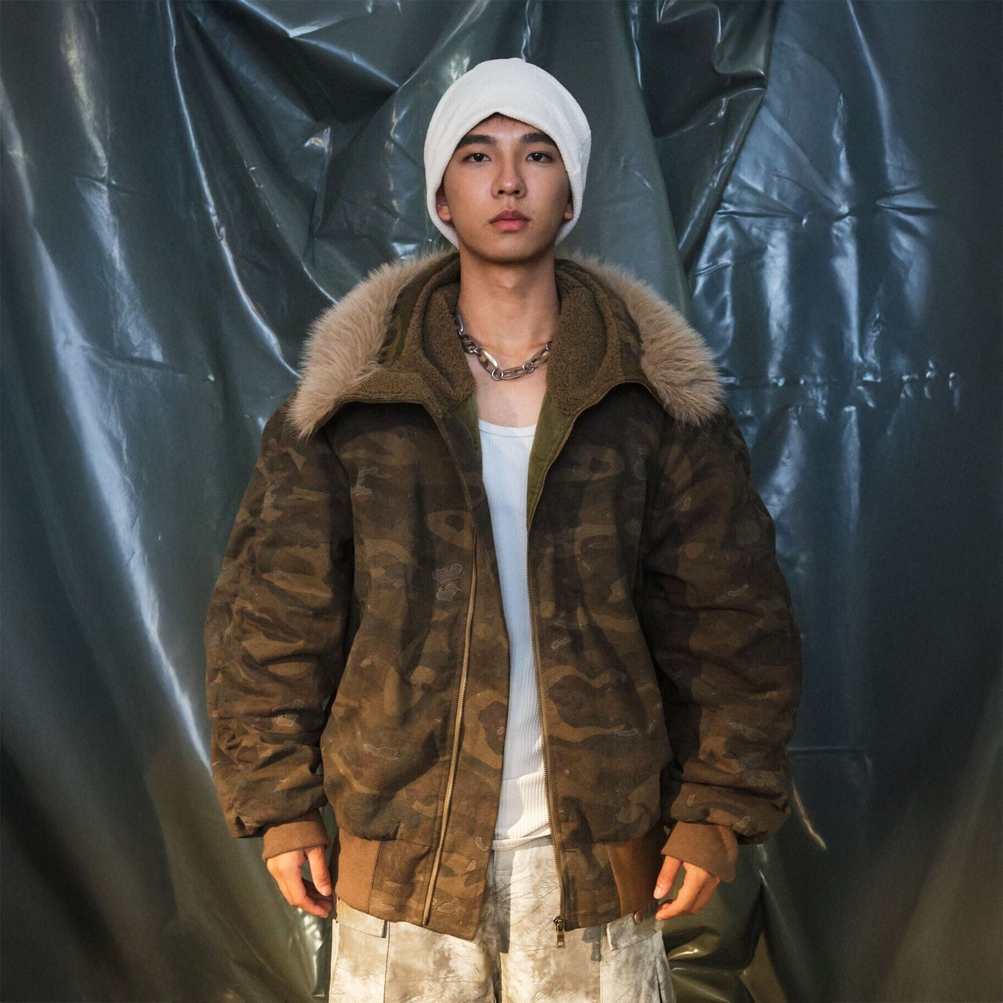 RECOVER ZONE Camo Faux-Fur Collar Bomber Jacket-Jacket-S-Free Shipping Leatheretro