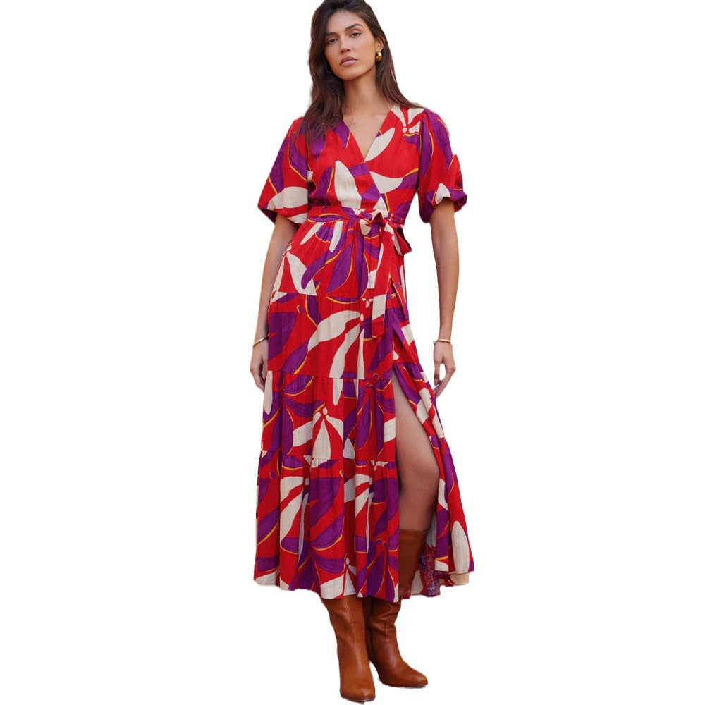 Casual V Neck Summer Short Sleeves Long Dresses-Dresses-Red-S-Free Shipping Leatheretro