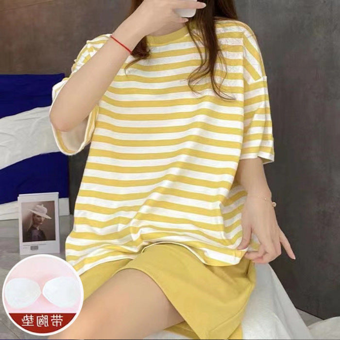 Casual Striped Summer Short Sleeves Shirts & Shorts Homewear-Sleepwear & Loungewear-B-M-L-Free Shipping Leatheretro