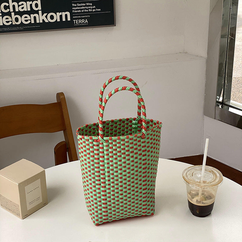 Summer PVC Handwoven Beach Bag – Colorful Boho Tote, Gift Basket & Casual Carryall-Beach Bags-Pink green-Free Shipping Leatheretro