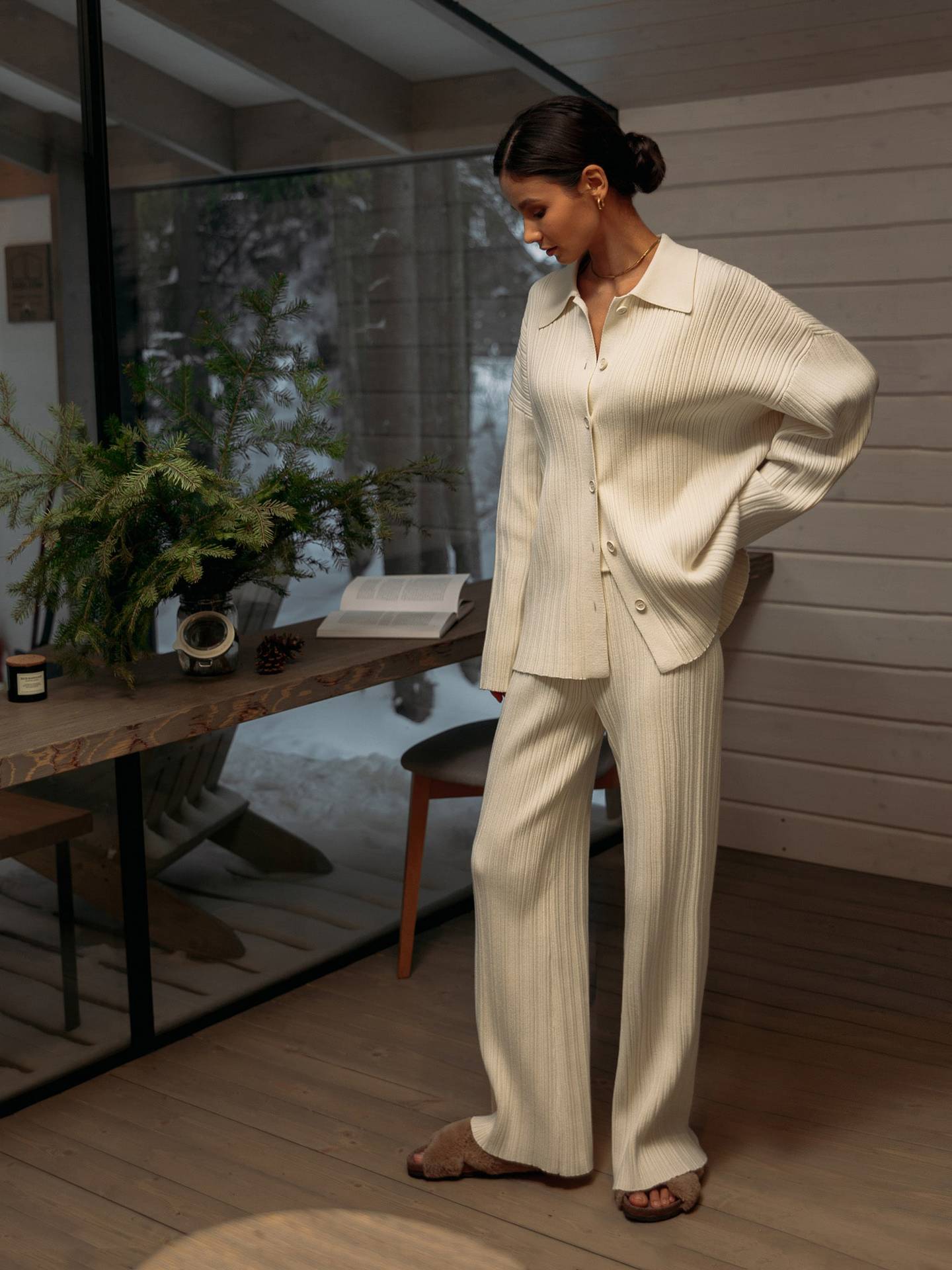 Fashion Autumn Sweaters and Wide Legs Pants Suits-suits-Coffee-S-Free Shipping Leatheretro