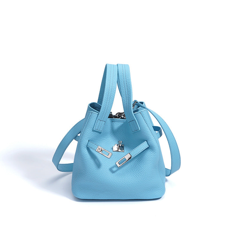Top-Grain Leather Handbag – Stylish Basket Shoulder Bag with Lock Closure-Milkshake powder-Free Shipping Leatheretro