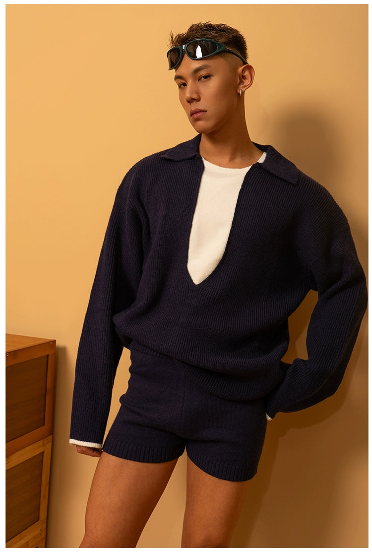 CLP Unisex Ash Black Navy Collar Knit Sweater-Gray-S-Free Shipping Leatheretro