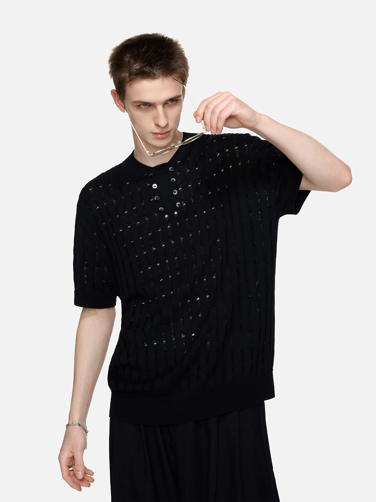 TIWILLTANG Essential Openwork Knitted T Shirt-T Shirt-S-Black-Free Shipping Leatheretro
