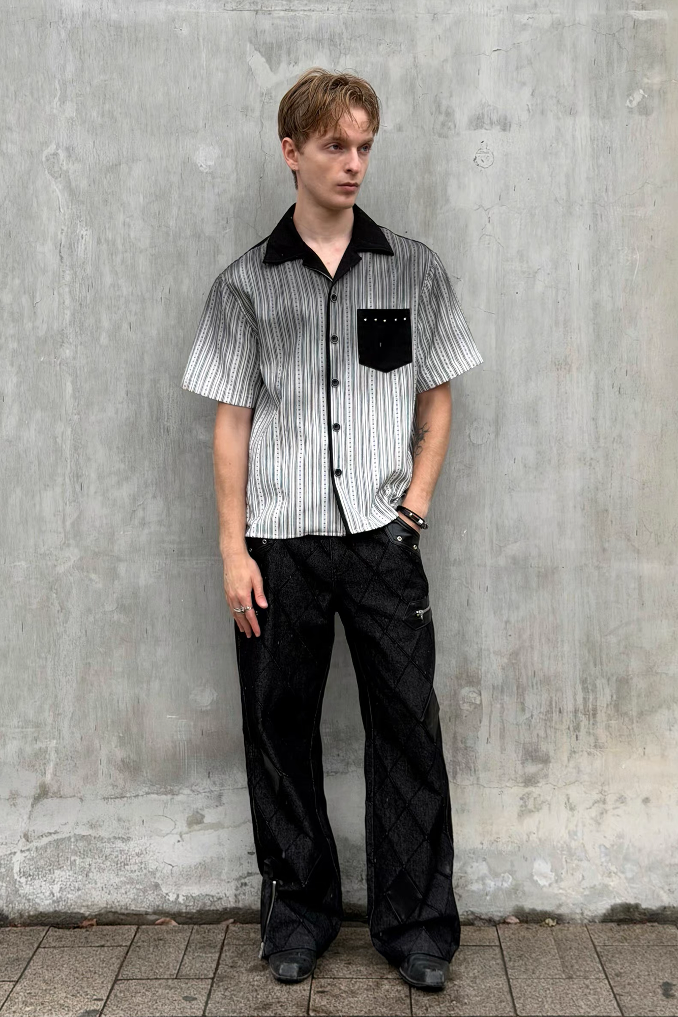 ESAIAS Studded Washed Dotted Stripe Half Shirt-Half shirt-S-Free Shipping Leatheretro