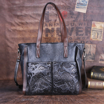 Vintage Vegetable-Tanned Handmade Satchel, Embossed Shoulder Bag for Women-handbags-Gray-Free Shipping Leatheretro