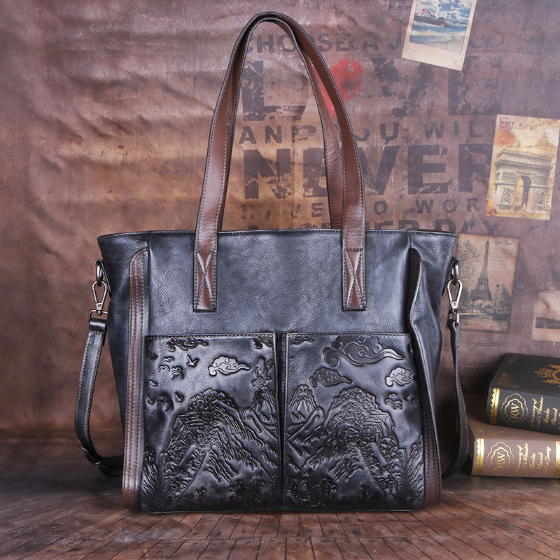 Vintage Vegetable-Tanned Handmade Satchel, Embossed Shoulder Bag for Women-handbags-Gray-Free Shipping Leatheretro