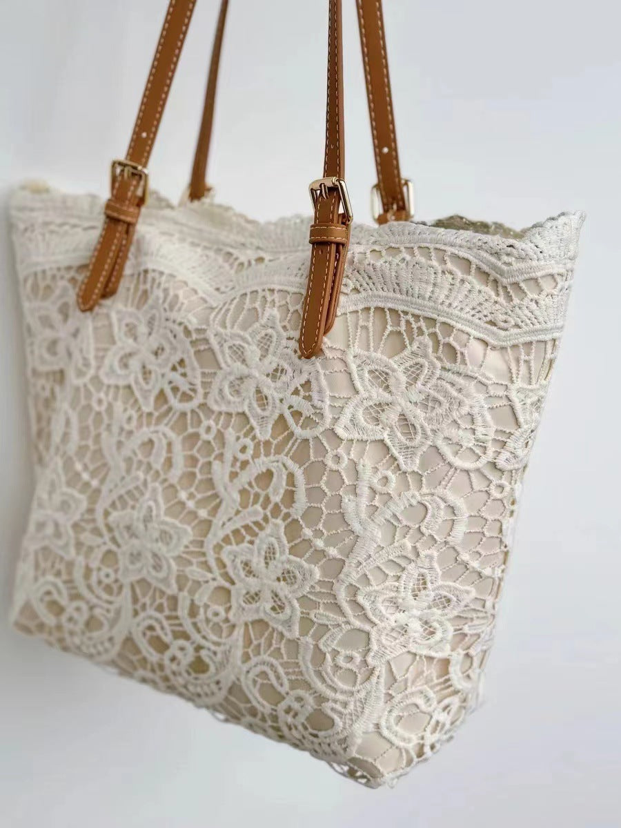 Women's Summer Beach Tote Bag – Large Capacity French Boho Lace Shoulder Bag-米白色-Free Shipping Leatheretro