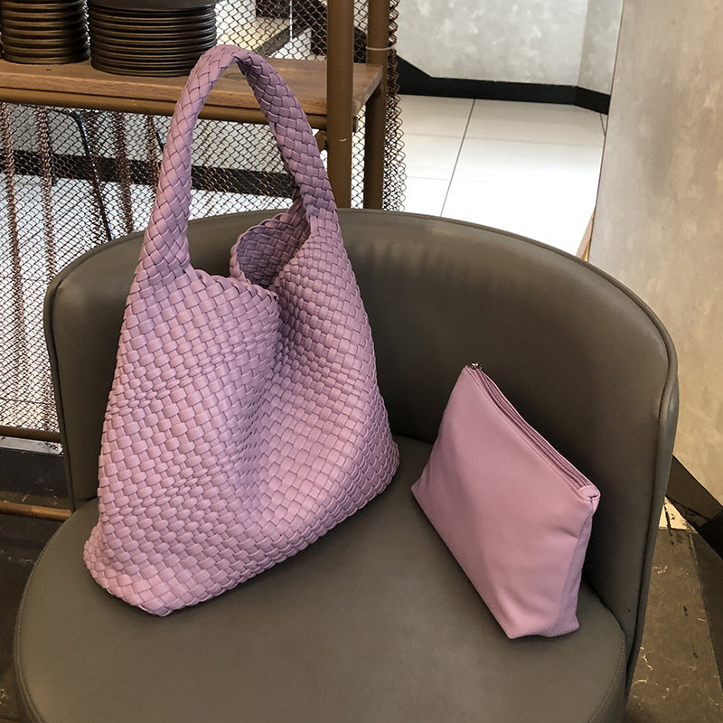 Handwoven Faux Leather Shoulder Tote Bag for Women-Black-Free Shipping Leatheretro