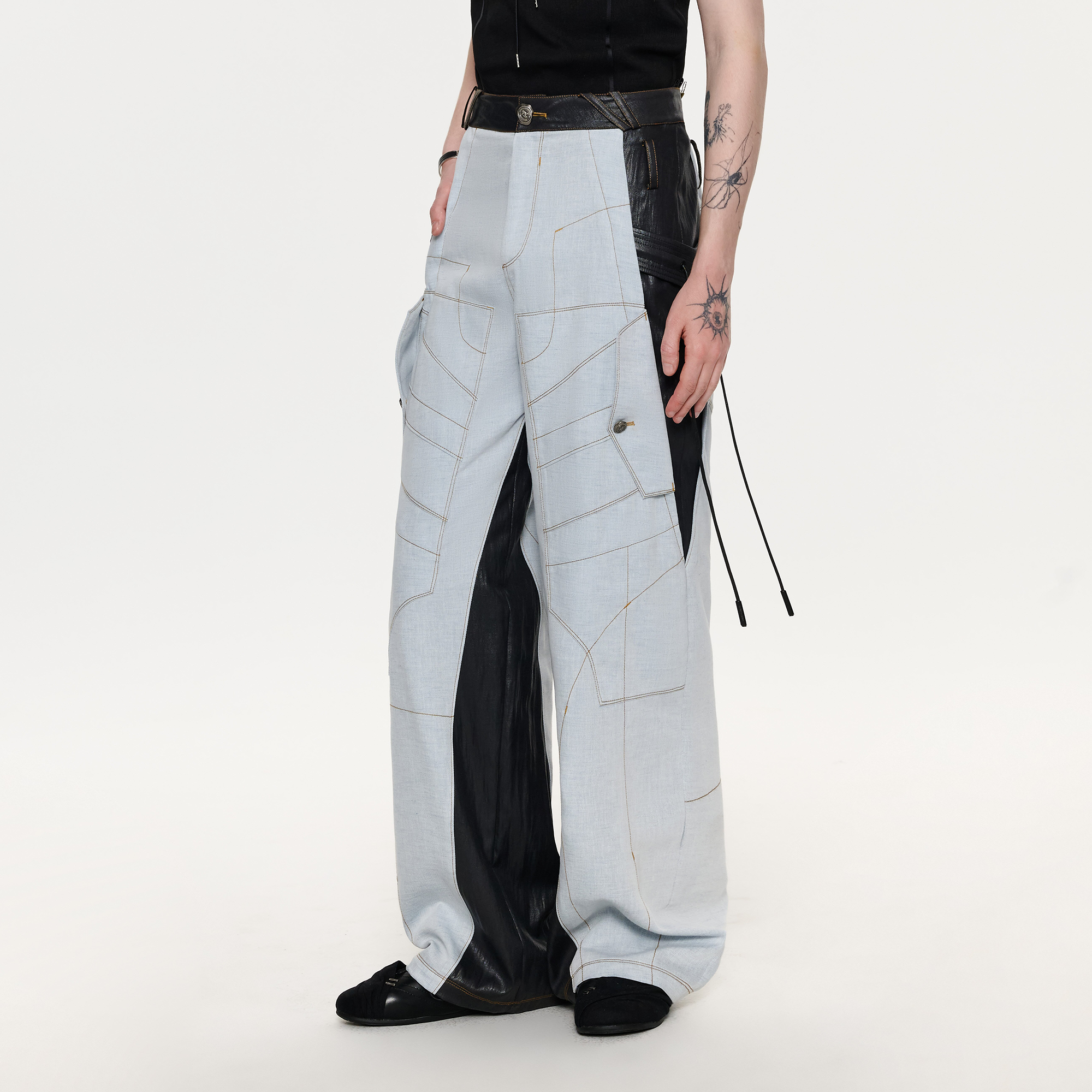 TIWILLTANG Contrast Stitch Paneled Wide-Leg Pants-Pants-S / 28-31”-Blue-Free Shipping Leatheretro