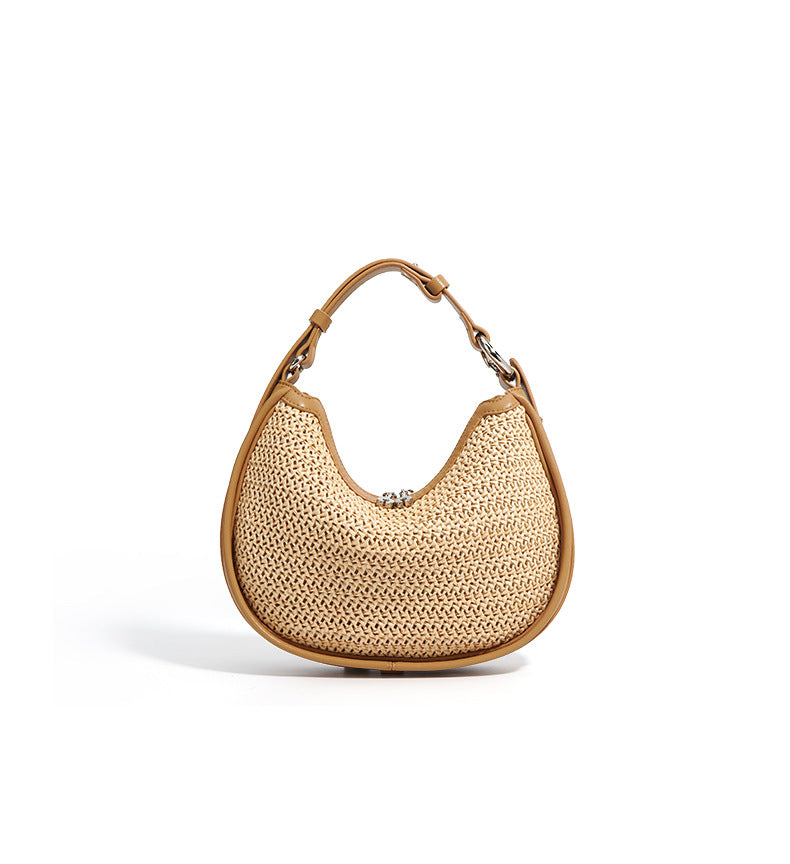 Woven Genuine Leather Crescent Bag-Handbags-White-Free Shipping Leatheretro