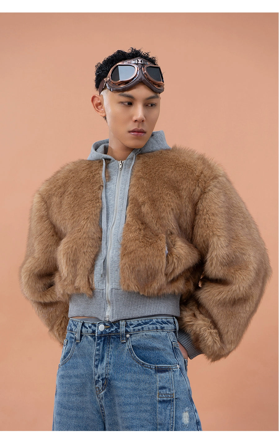 CLP Unisex Cropped Faux Fur Hoodie - Taupe Brown Zip-Up Coat-Brown-S-Free Shipping Leatheretro