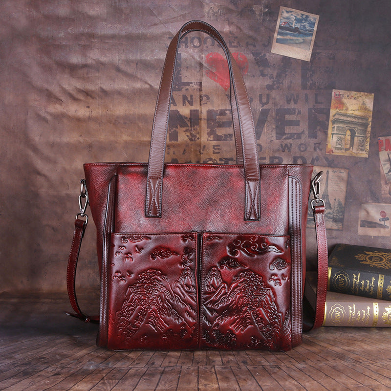 Vintage Vegetable-Tanned Handmade Satchel, Embossed Shoulder Bag for Women-handbags-Gray-Free Shipping Leatheretro