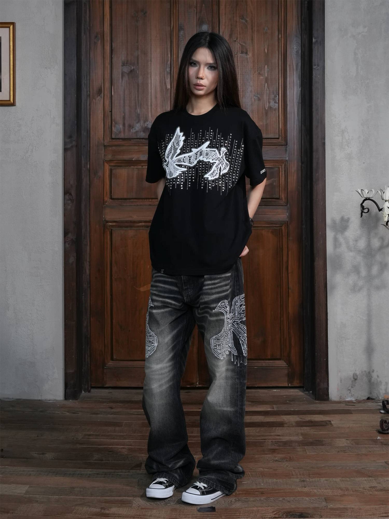 VINKID Faded Pigeon Embroidered Jeans-Jeans-S / 31"-Free Shipping Leatheretro
