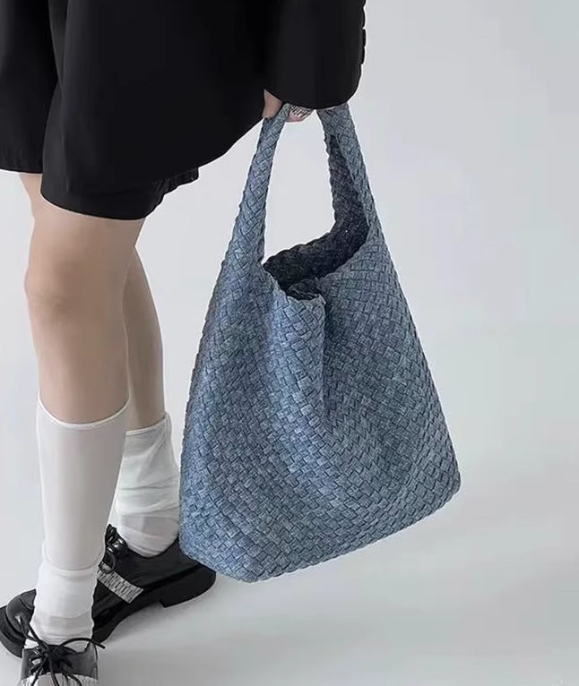 Stylish Canvas & Denim Woven Bucket Bag for Women-Light Blue 23cm-Free Shipping Leatheretro