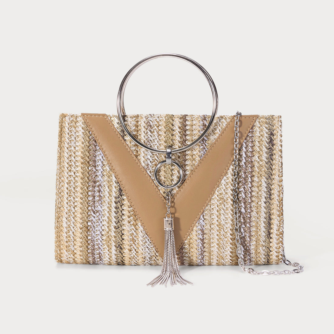 Women's Straw Woven Bag with Chain Strap-apricot-Free Shipping Leatheretro