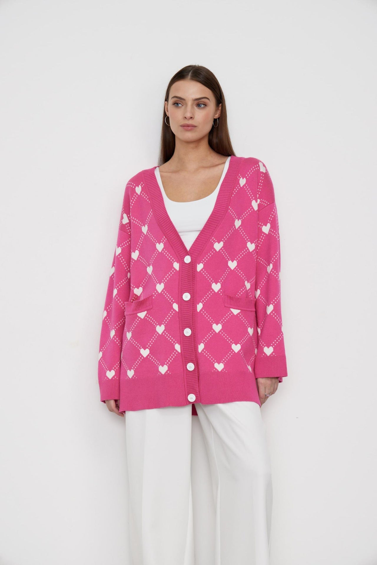 Lovely Pink Sweet Heart Fall Knitted Cardigan-Sweater&Hoodies-Rose Red-S-Free Shipping Leatheretro