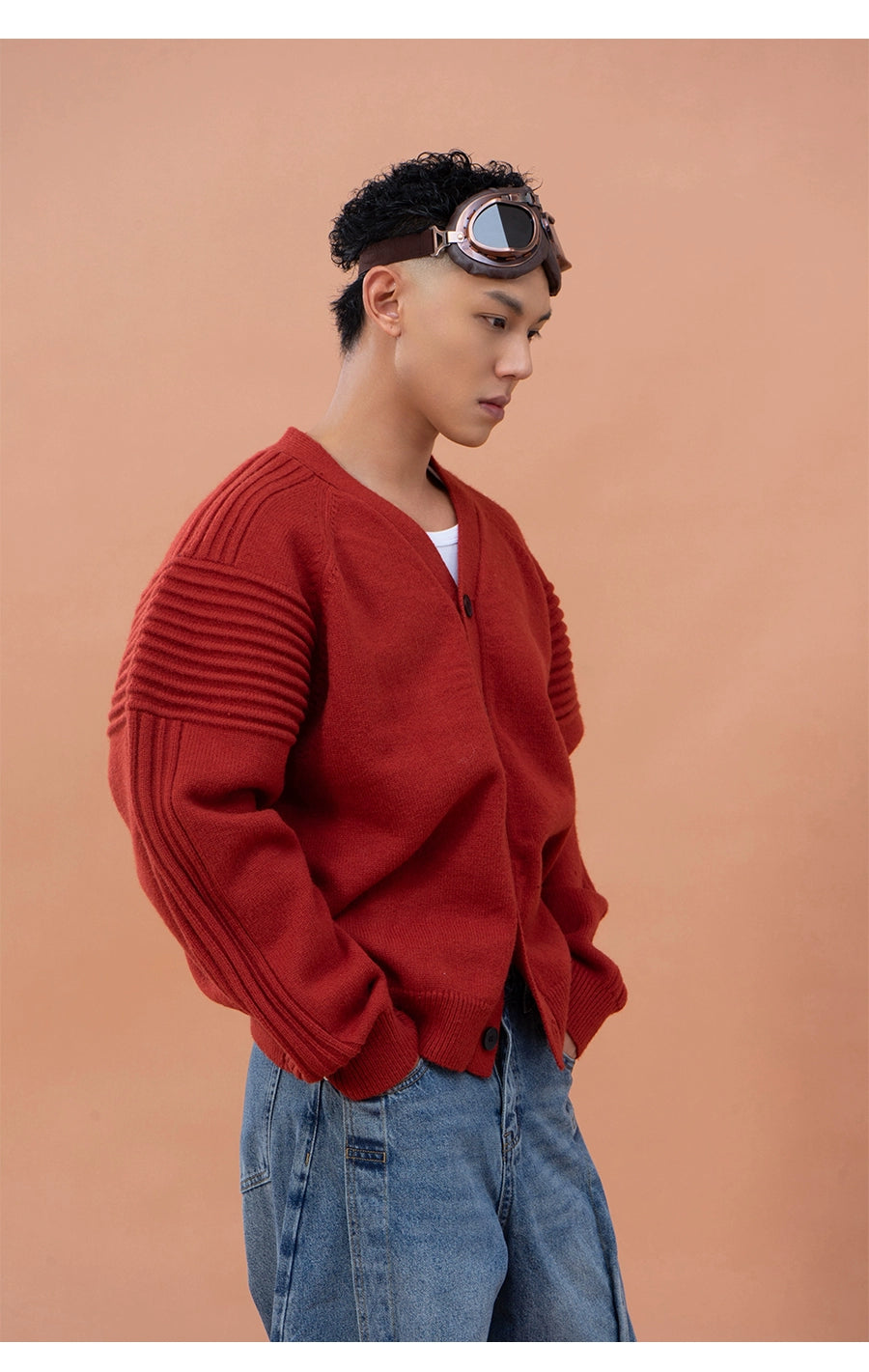 CLP Men's Oversized Drop Shoulder Cardigan Sweater-Red-M-Free Shipping Leatheretro