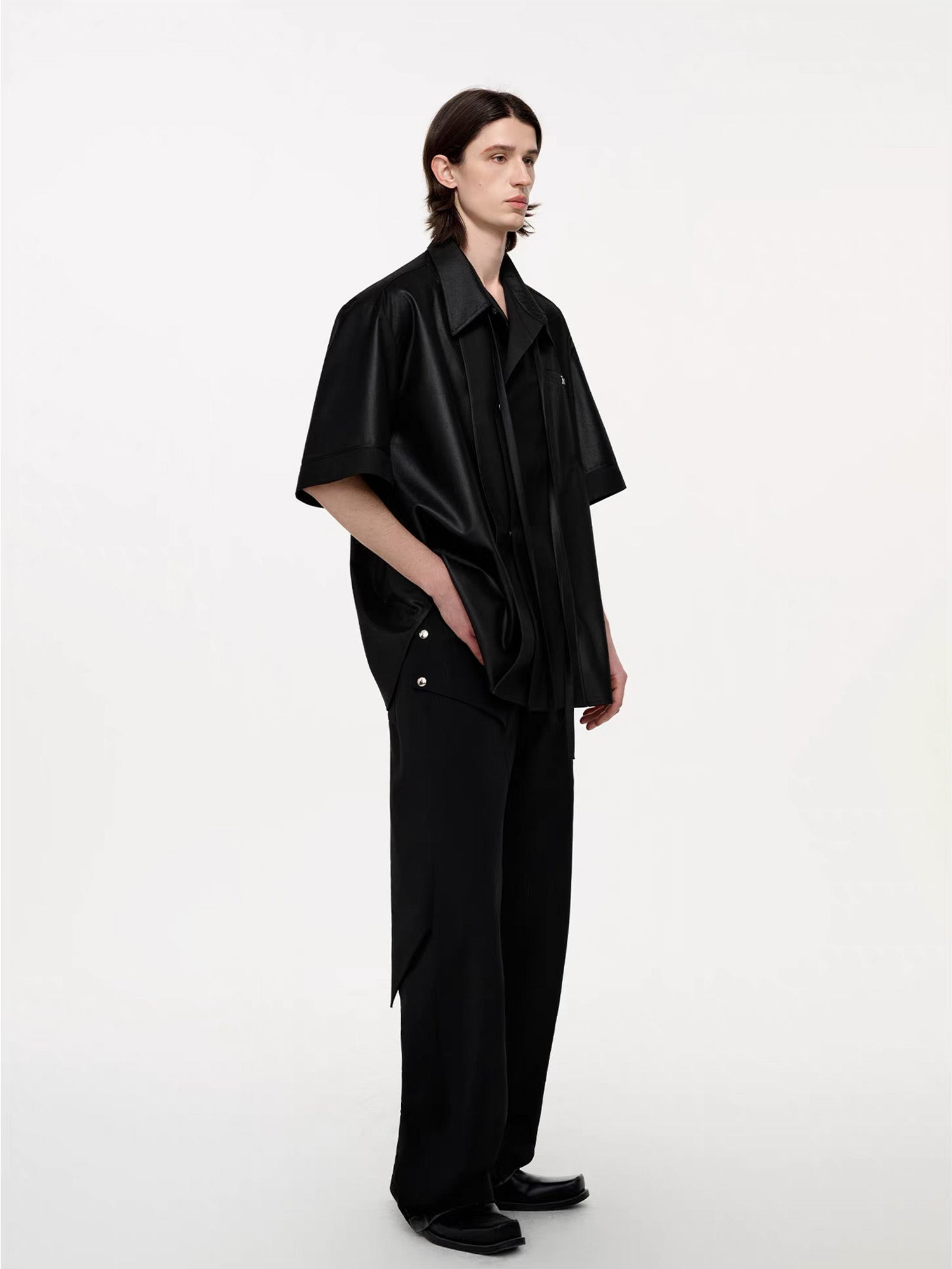 TIWILLTANG Draped Camp-Collar T Shirt-Jacket-S-Black-Free Shipping Leatheretro