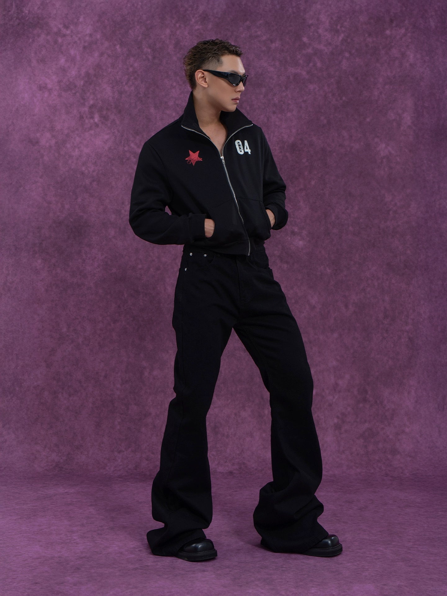 CLP Unisex Cropped Zip-Up Jacket with Print-Black-S-Free Shipping Leatheretro