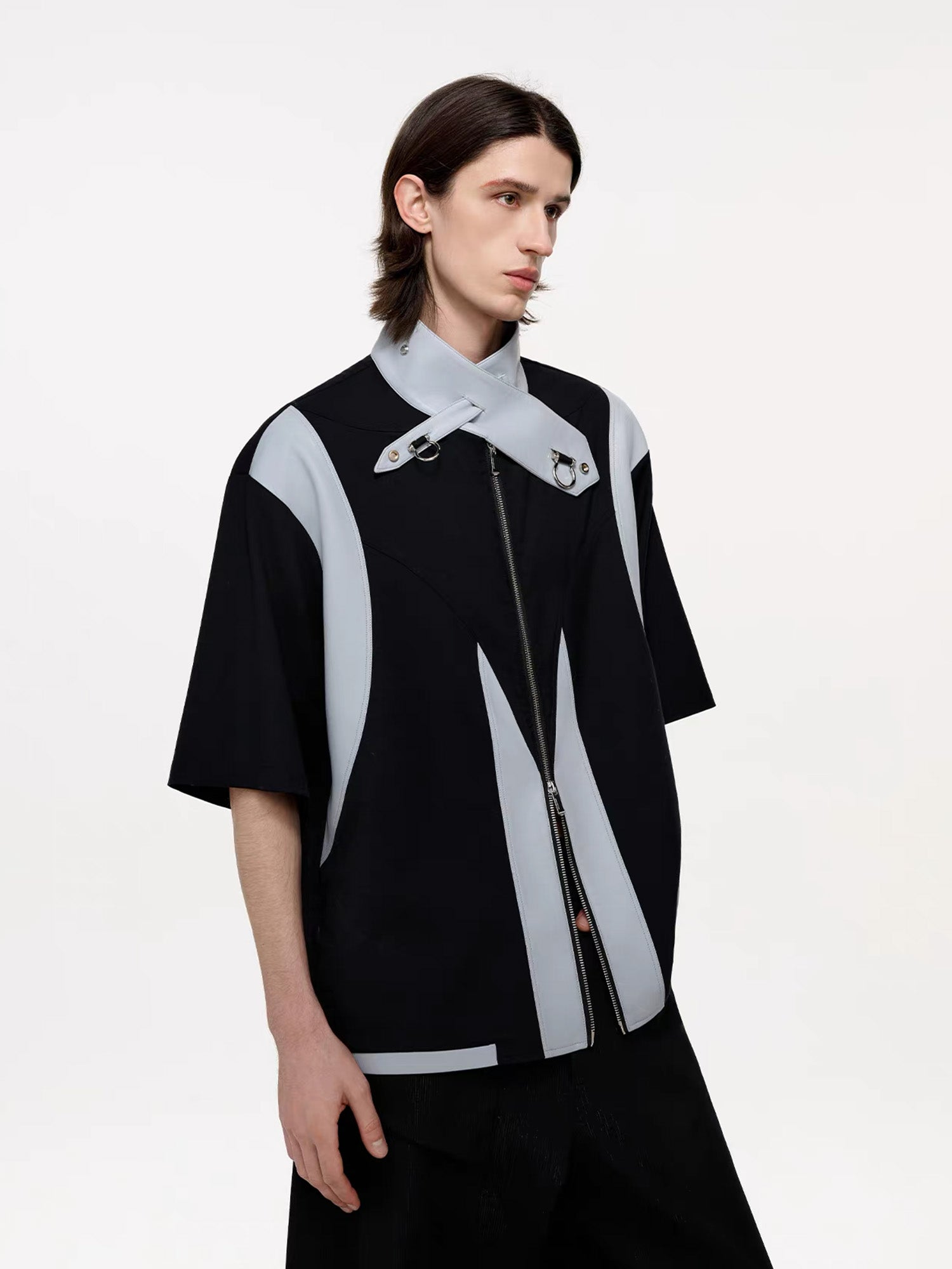 TIWILLTANG Layered-Collar Contrast-Panel Zip-Up Half Shirt-Shorts-S-Free Shipping Leatheretro