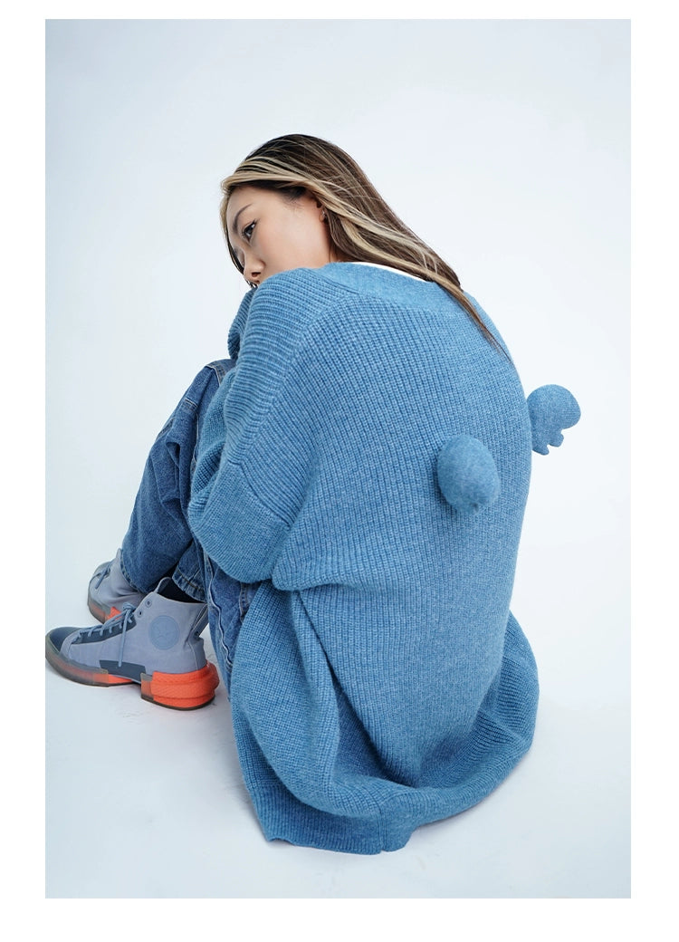 CLP Unisex Wing Design Oversized Knit Cardigan-Blue-Short Style-3 Buttons-Free Shipping Leatheretro