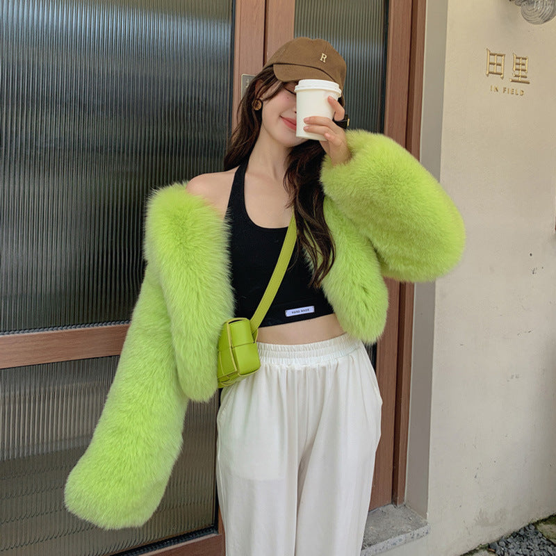 Designed Faux Fox Fur Warm Short Coats-Coats & Jackets-Green-S-Free Shipping Leatheretro