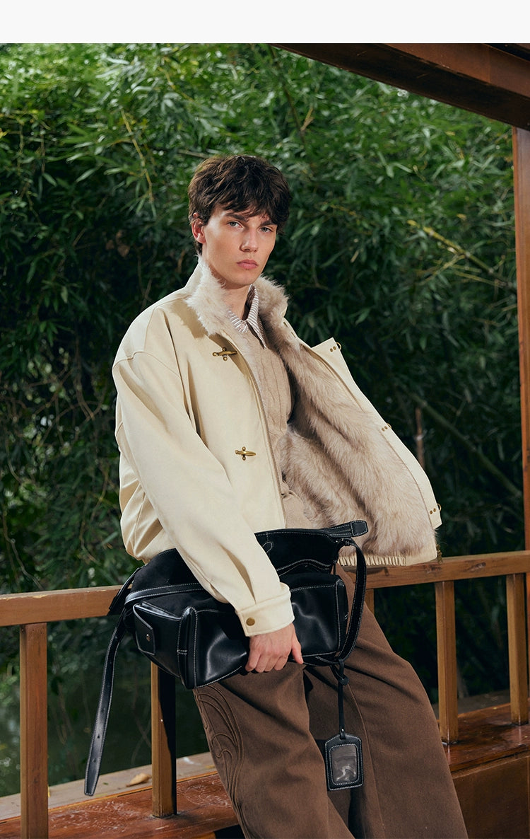 KREATE Harrington-Style PU Leather Jacket with Long Fur Collar-Ivory-S-Free Shipping Leatheretro