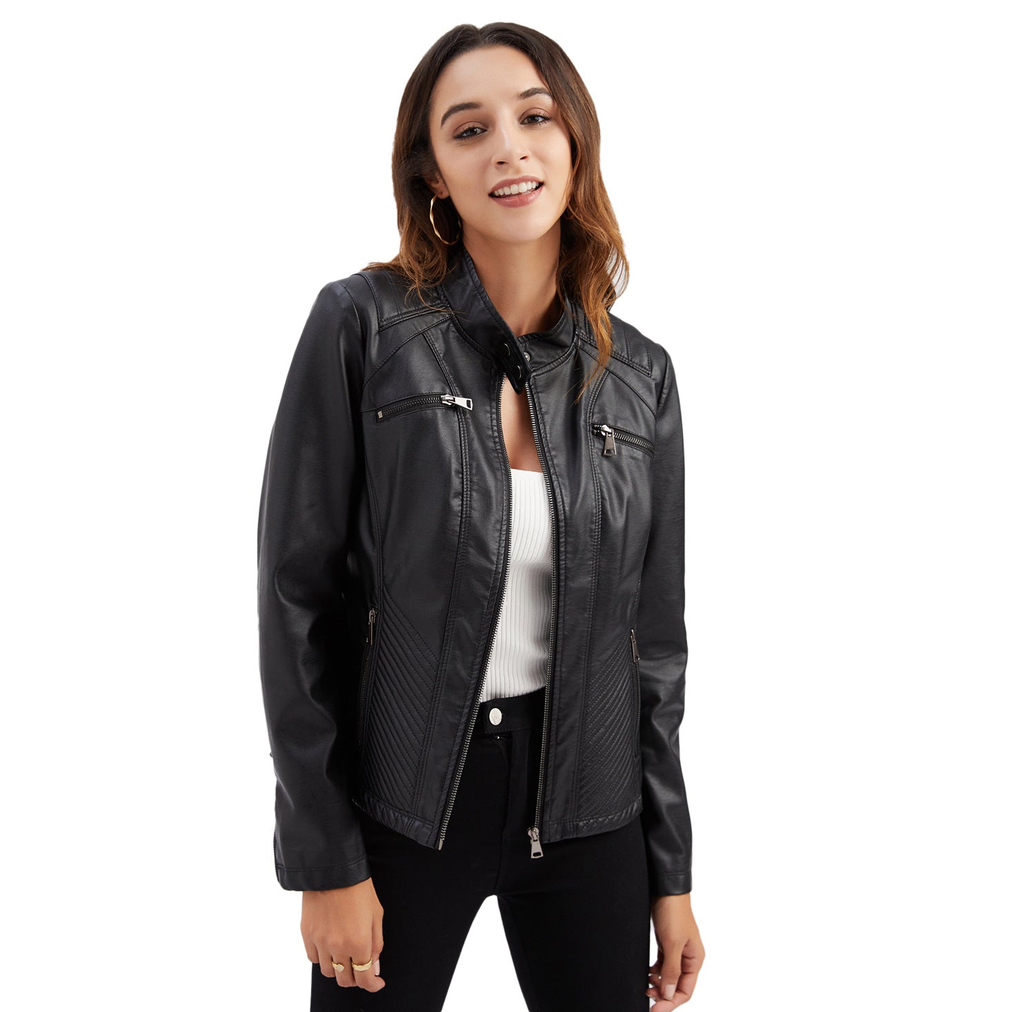Women Casual Faux Leather Stand Collar Jacket-black-EU(XS)-Free Shipping Leatheretro
