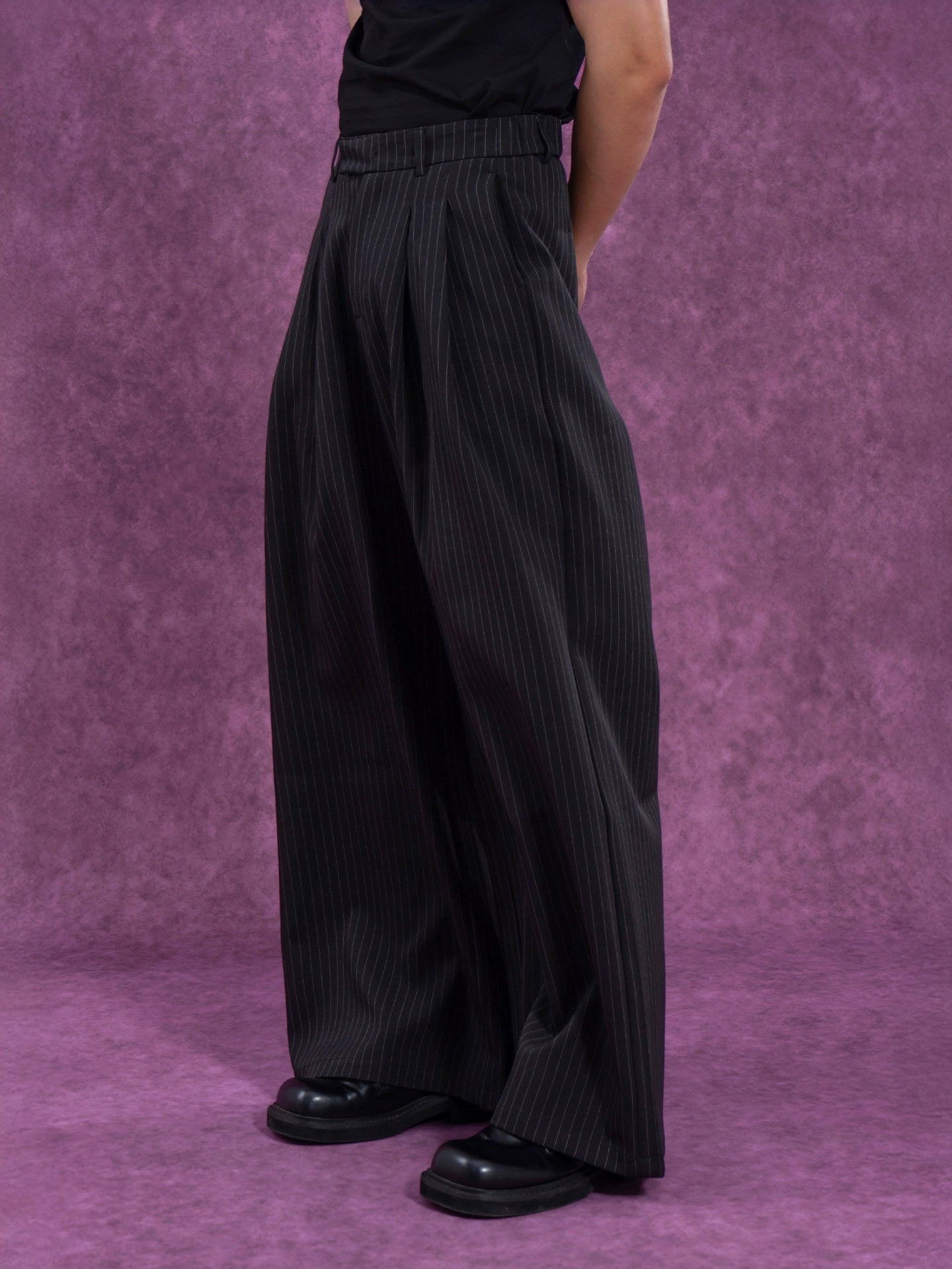 CLP Black Striped Relaxed-Fit Pants with Elastic Waist-Black-S-Free Shipping Leatheretro