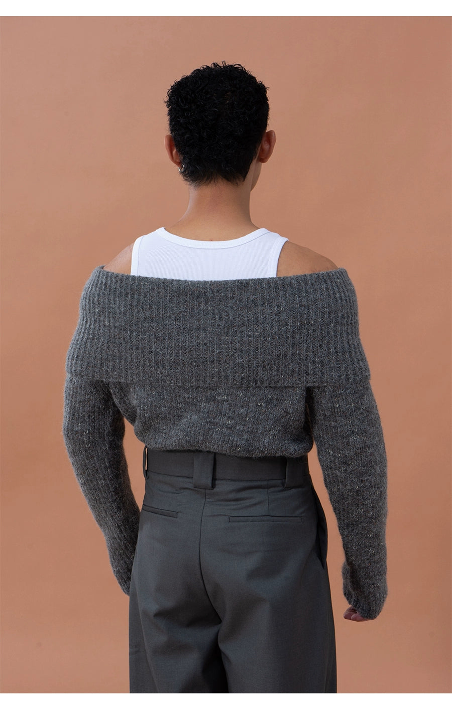 CLP Grey Off-Shoulder Wool Sweater | Relaxed Fit Ribbed Knit-Sweater-Gray-S-Free Shipping Leatheretro