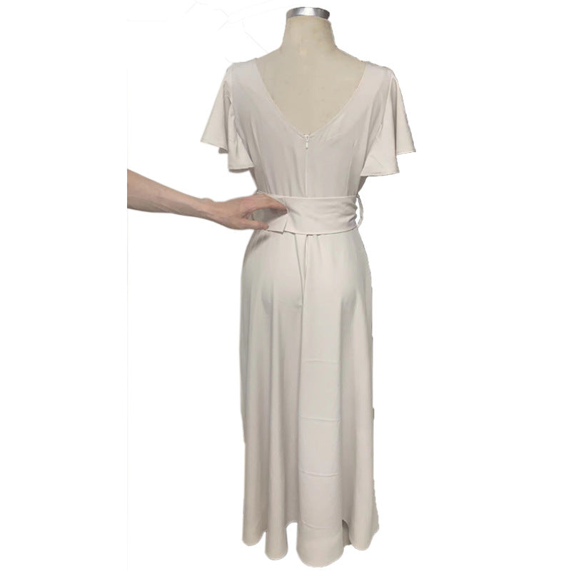 Fashion V Neck Ruffled Long Dresses-Dresses-Ivory-S-Free Shipping Leatheretro