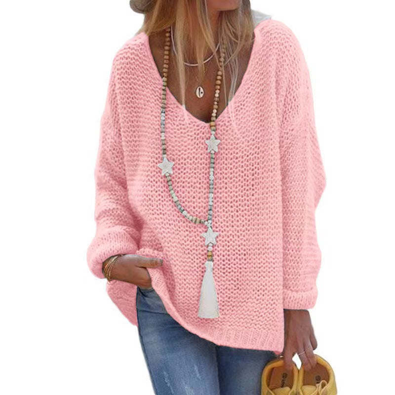 Casual V Neck Knitted Women Sweaters-Sweater&Hoodies-Pink-S-Free Shipping Leatheretro