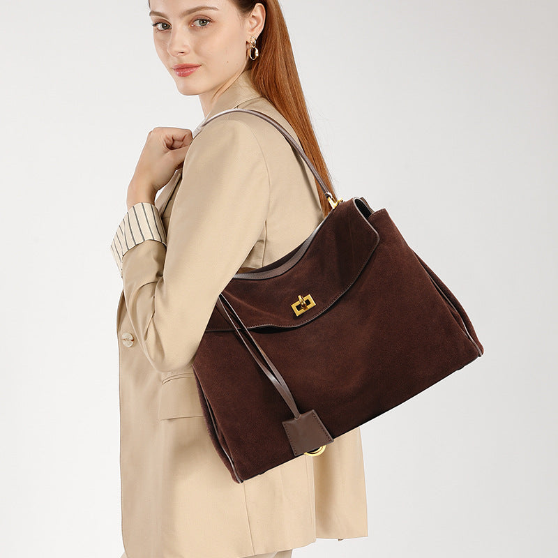 Luxury Large Capacity Genuine Leather Women's Tote with Detachable Strap, Elegant Shoulder & Underarm Purse for Fall/Winter-Handbags-Dark coffee large (frosted suede)-Free Shipping Leatheretro