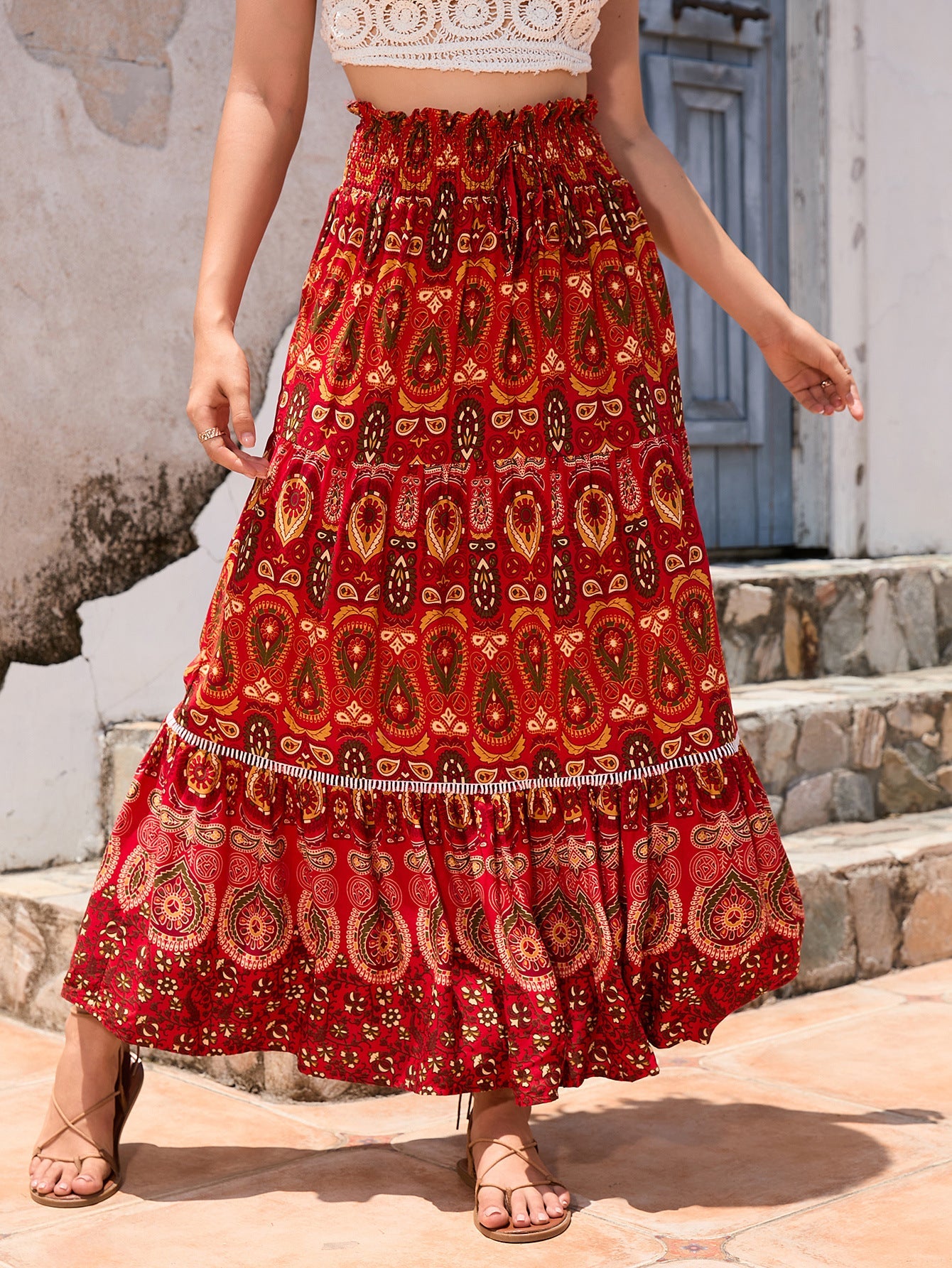 Bohemian Exotic Women Midi Skirts-Skirts-Red-S-Free Shipping Leatheretro