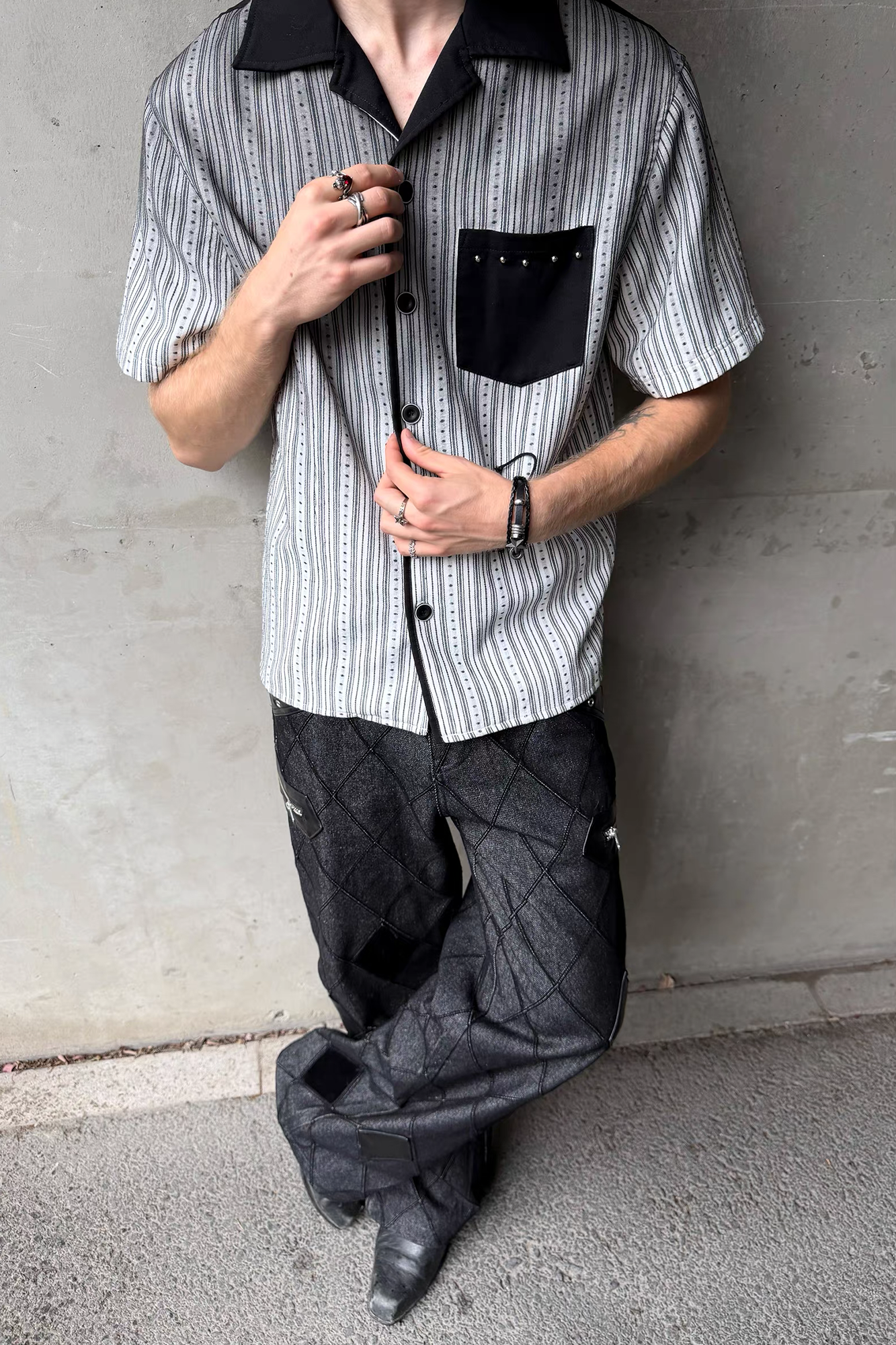 ESAIAS Studded Washed Dotted Stripe Half Shirt-Half shirt-S-Free Shipping Leatheretro