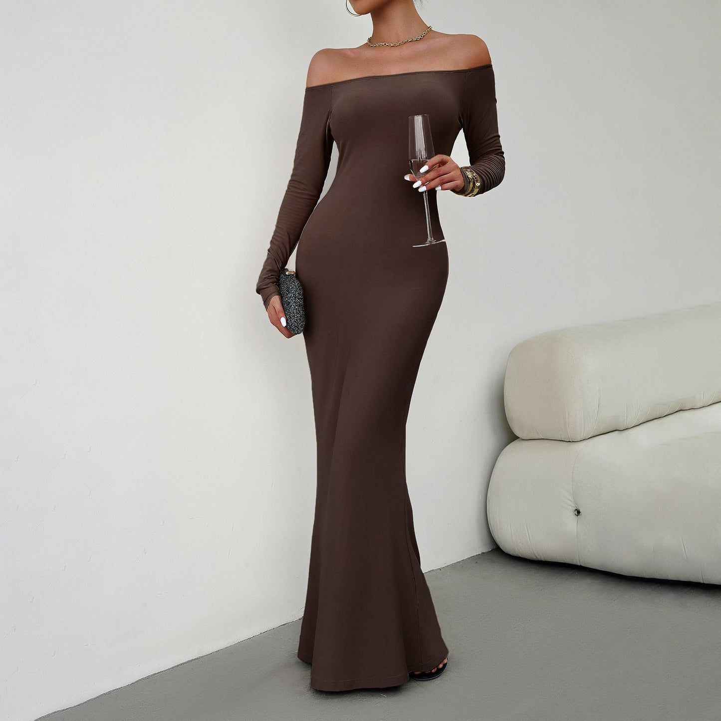 Sexy Off The Shoulder Long Knitted Dresses-Dresses-Coffee-S-Free Shipping Leatheretro