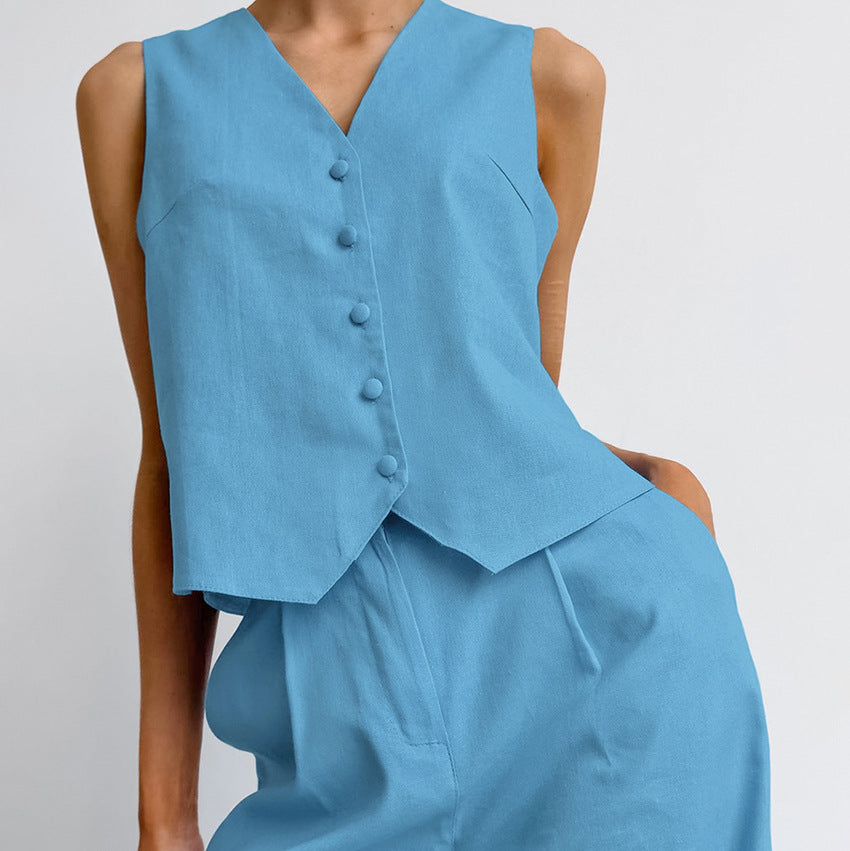 Casual V Neck Sleeveless Tops and Pant Suits-Suits-Blue-S-Free Shipping Leatheretro