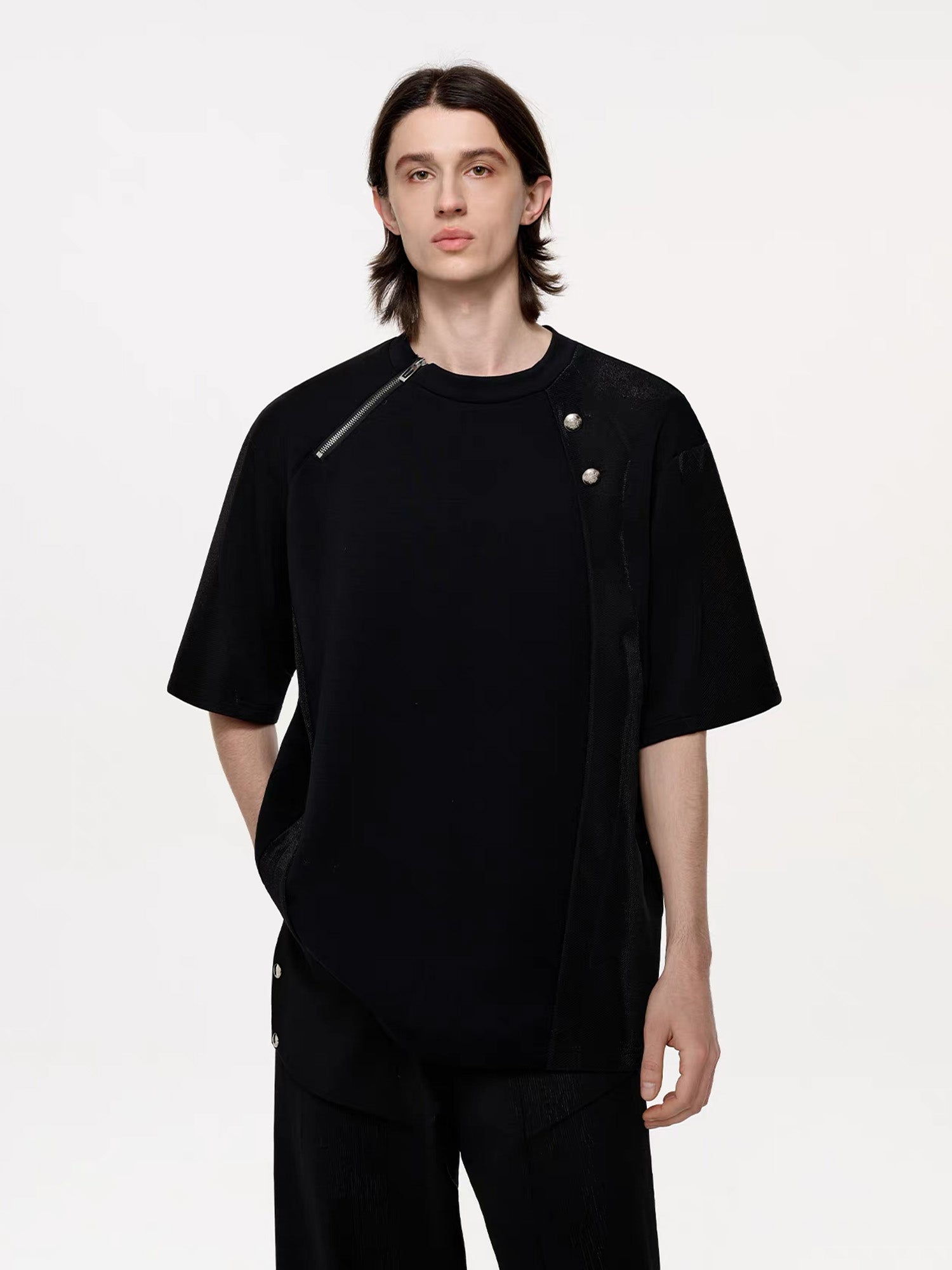 TIWILLTANG Asymmetrical Zip Layered T Shirt-T Shirt-S (Preorder)-Free Shipping Leatheretro