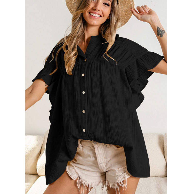 Fashion Stand Collar Ruffled Short Sleeves Shirts-Shirts & Tops-Green-S-Free Shipping Leatheretro