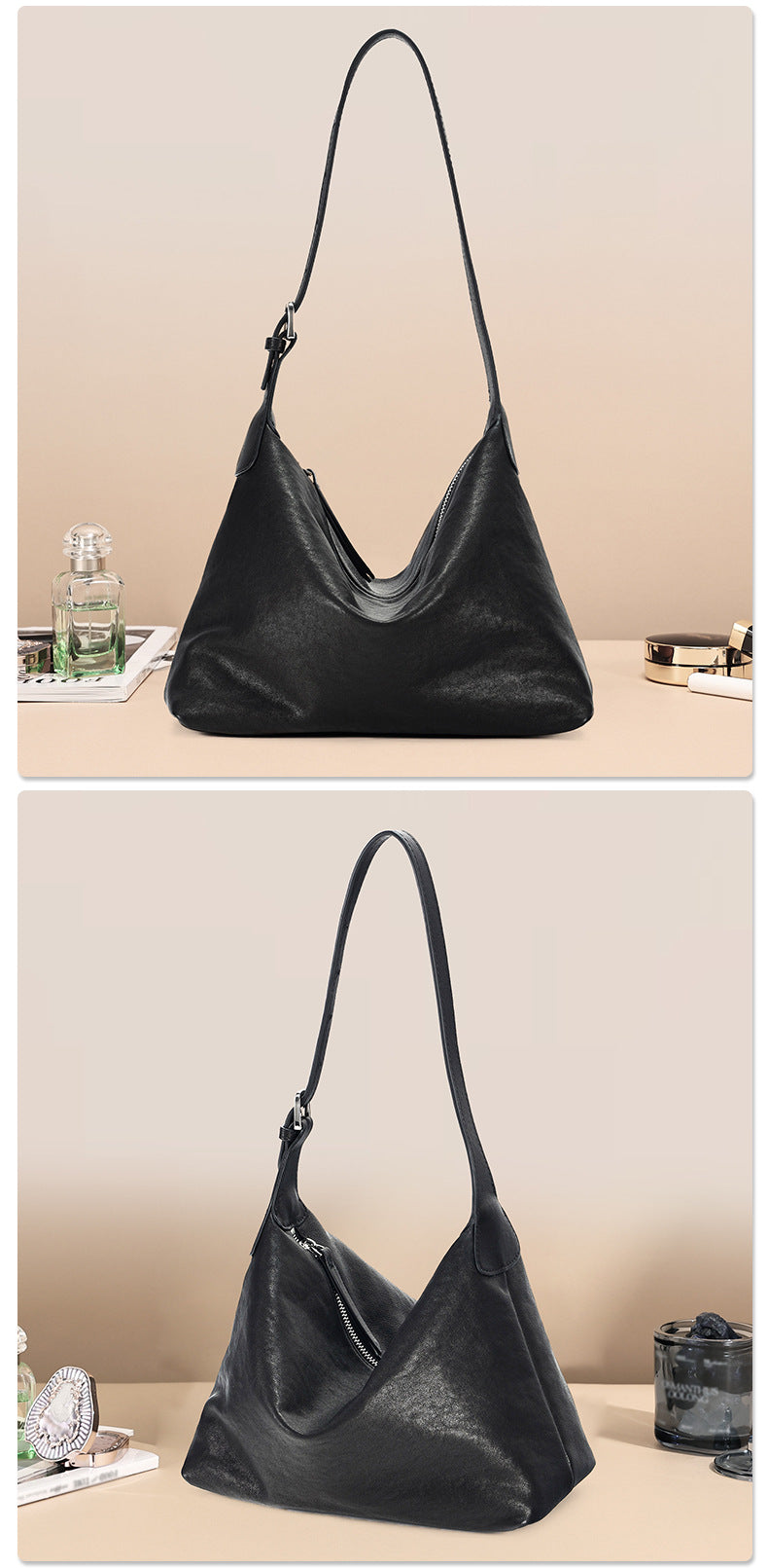 Vegetable-Tanned Leather Shoulder Bag-Black-Free Shipping Leatheretro
