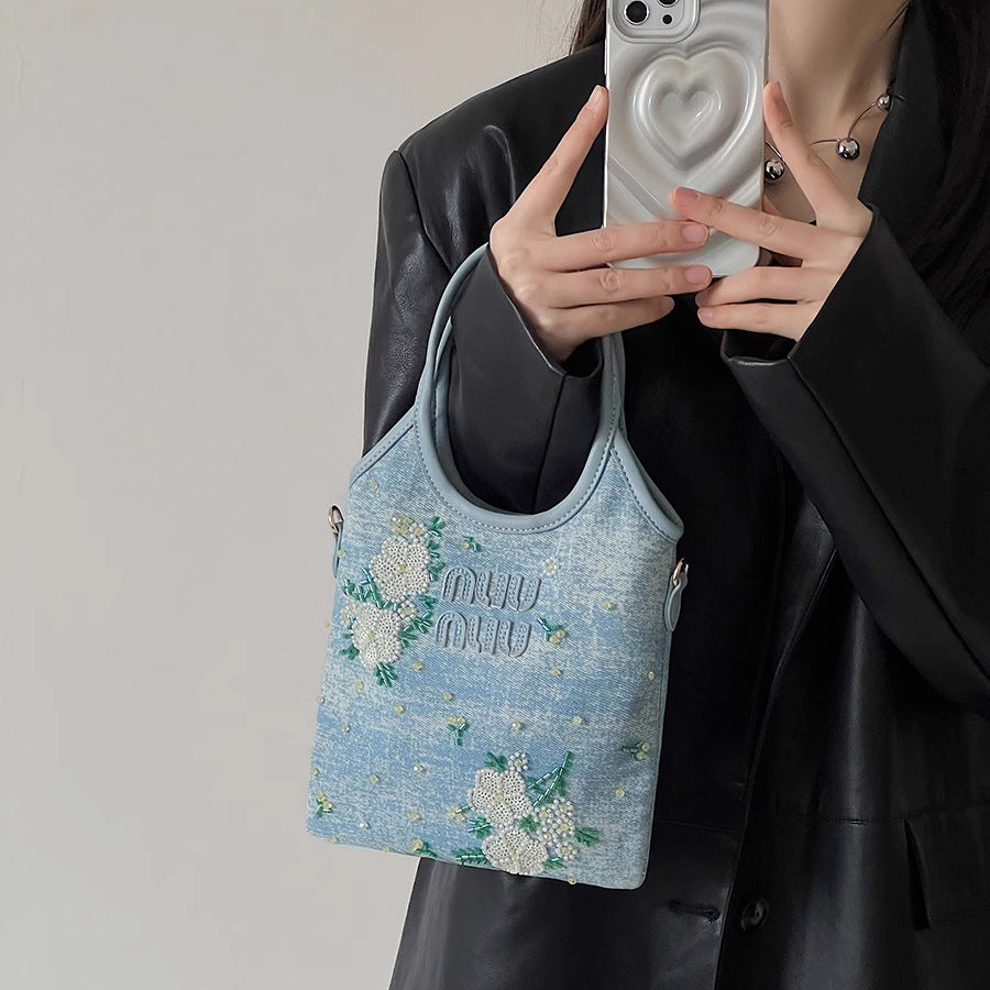 Embroidery Denim Tote Bag – Stylish Women’s Handheld, Shoulder & Crossbody Purse-blue-Free Shipping Leatheretro