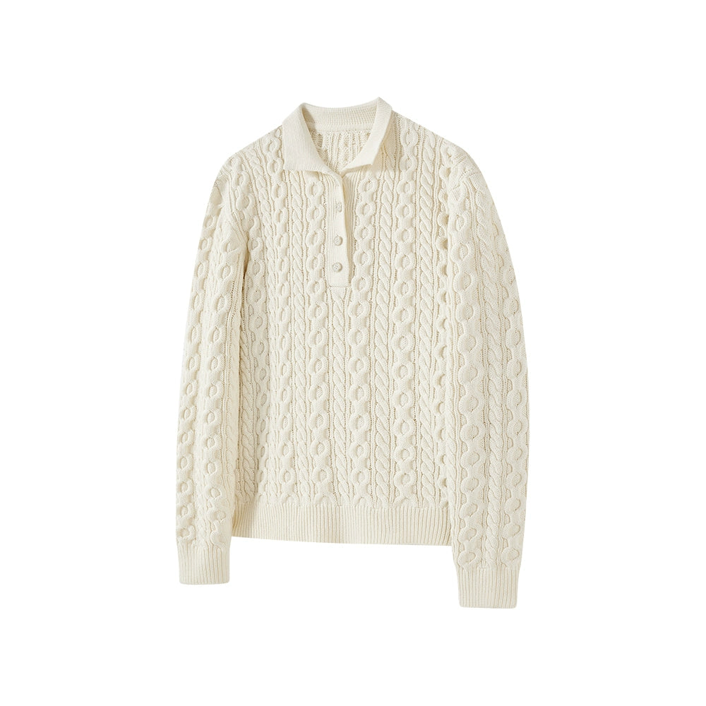 KREATE Textured Cable-Knit Polo Sweater-Ivory-S-Free Shipping Leatheretro
