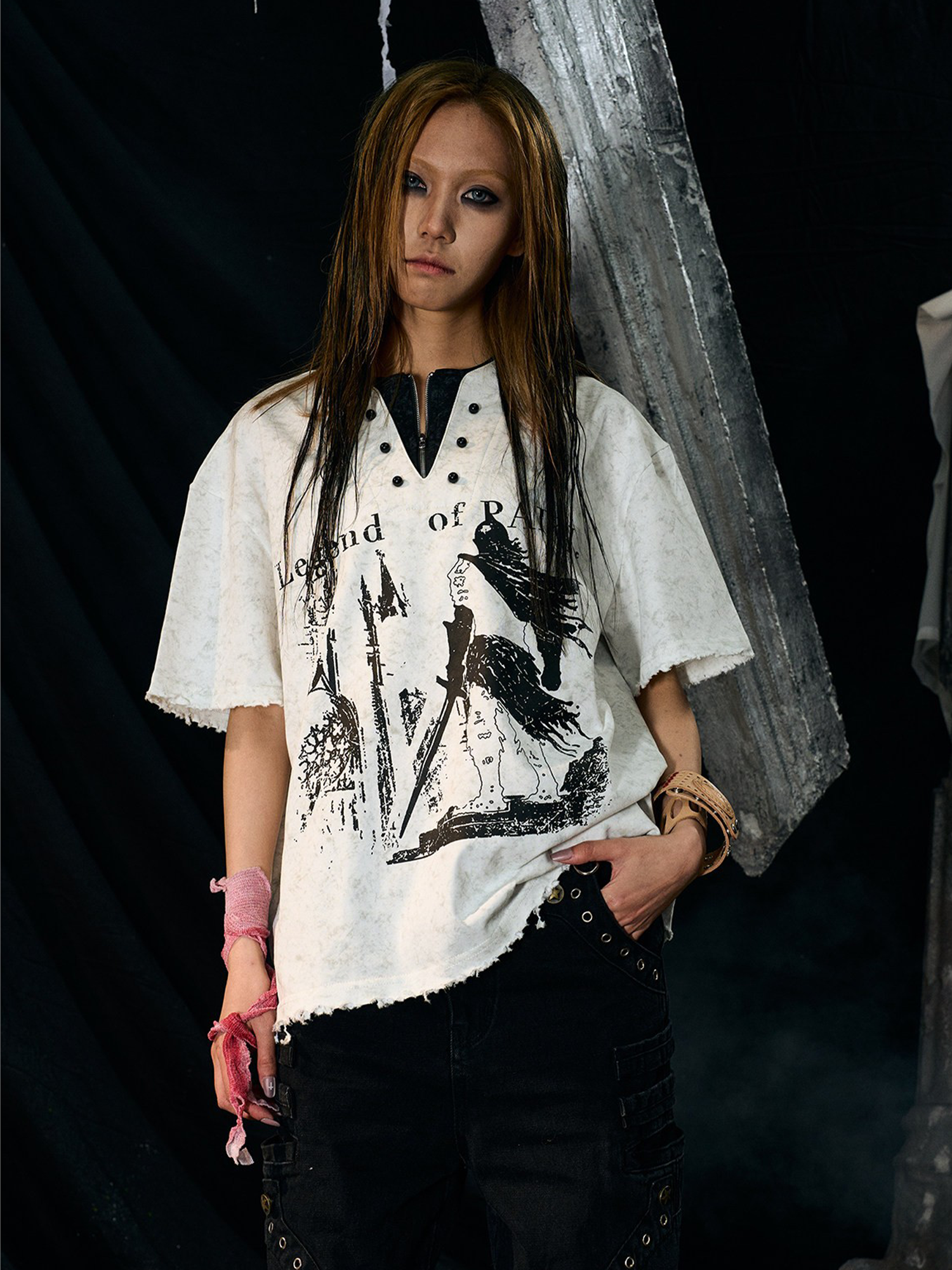 PAIKI Castle Graphic Henley Layered Tee-T Shirt-S-Black-Free Shipping Leatheretro