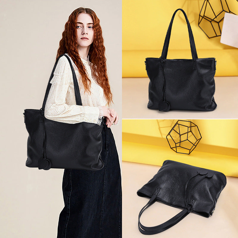 Genuine Leather Tote Bag for Women-黑色-Free Shipping Leatheretro