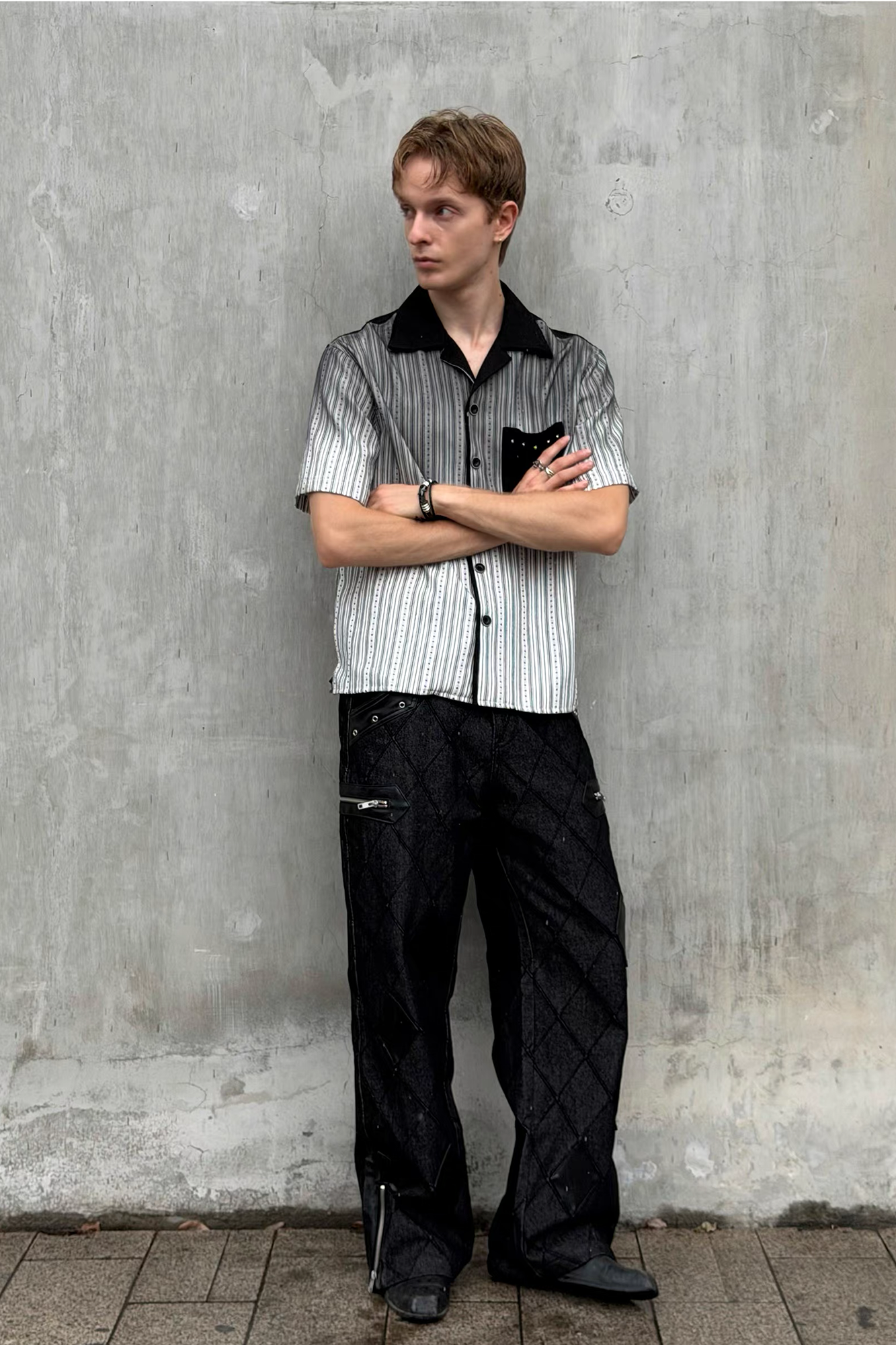 ESAIAS Studded Washed Dotted Stripe Half Shirt-Half shirt-S-Free Shipping Leatheretro