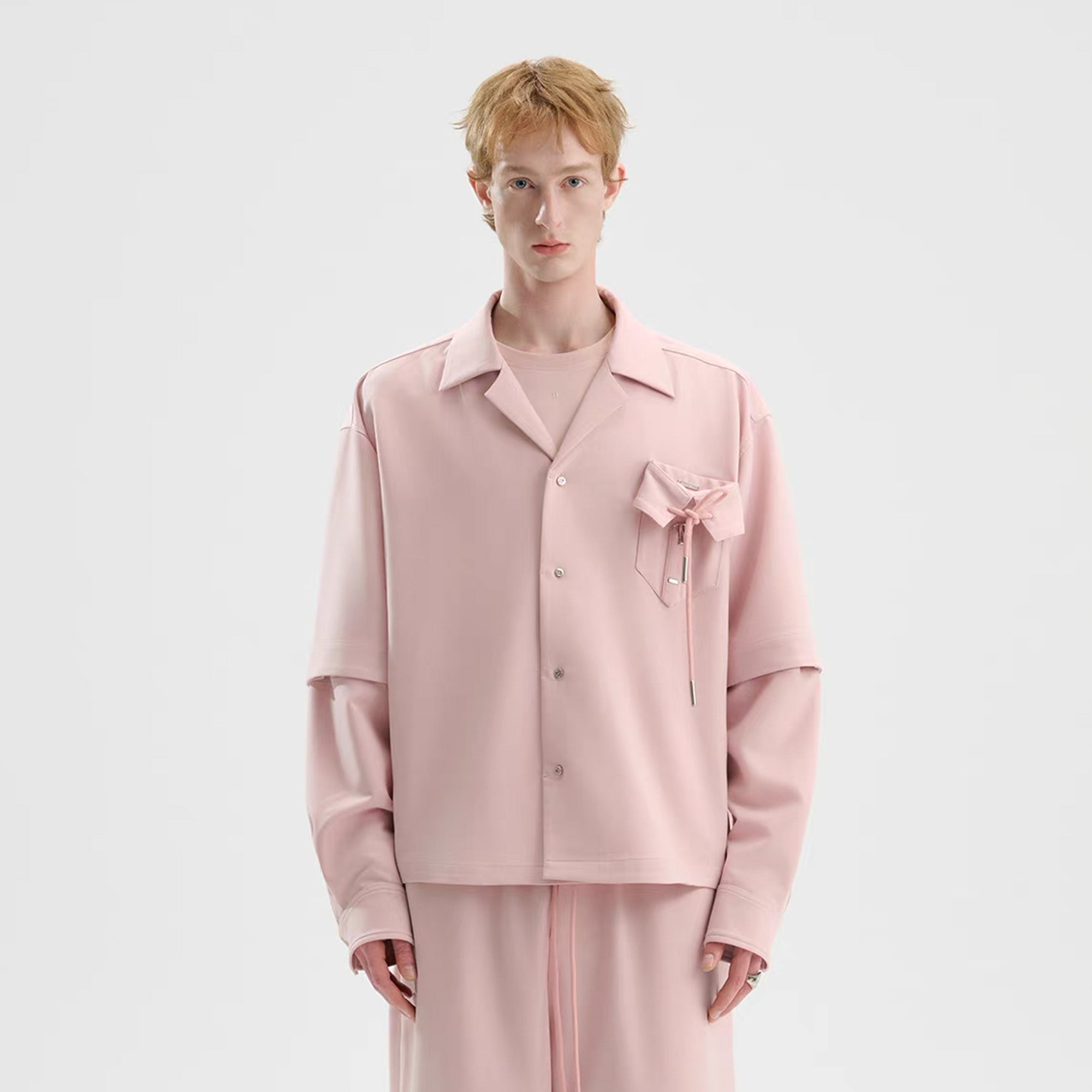 TIWILLTANG Detachable-Sleeve Tie-Pocket Shirt-Jacket-S-Pink-Free Shipping Leatheretro