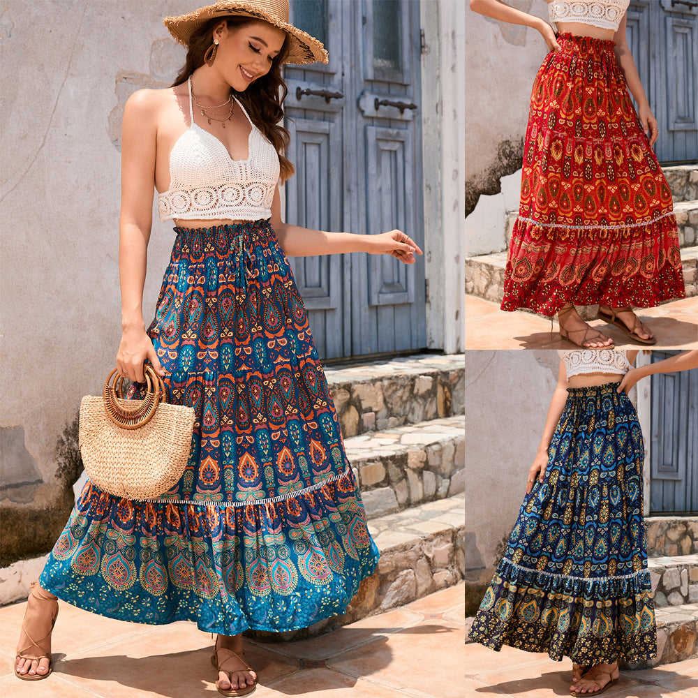 Bohemian Exotic Women Midi Skirts-Skirts-Peacock Blue-S-Free Shipping Leatheretro