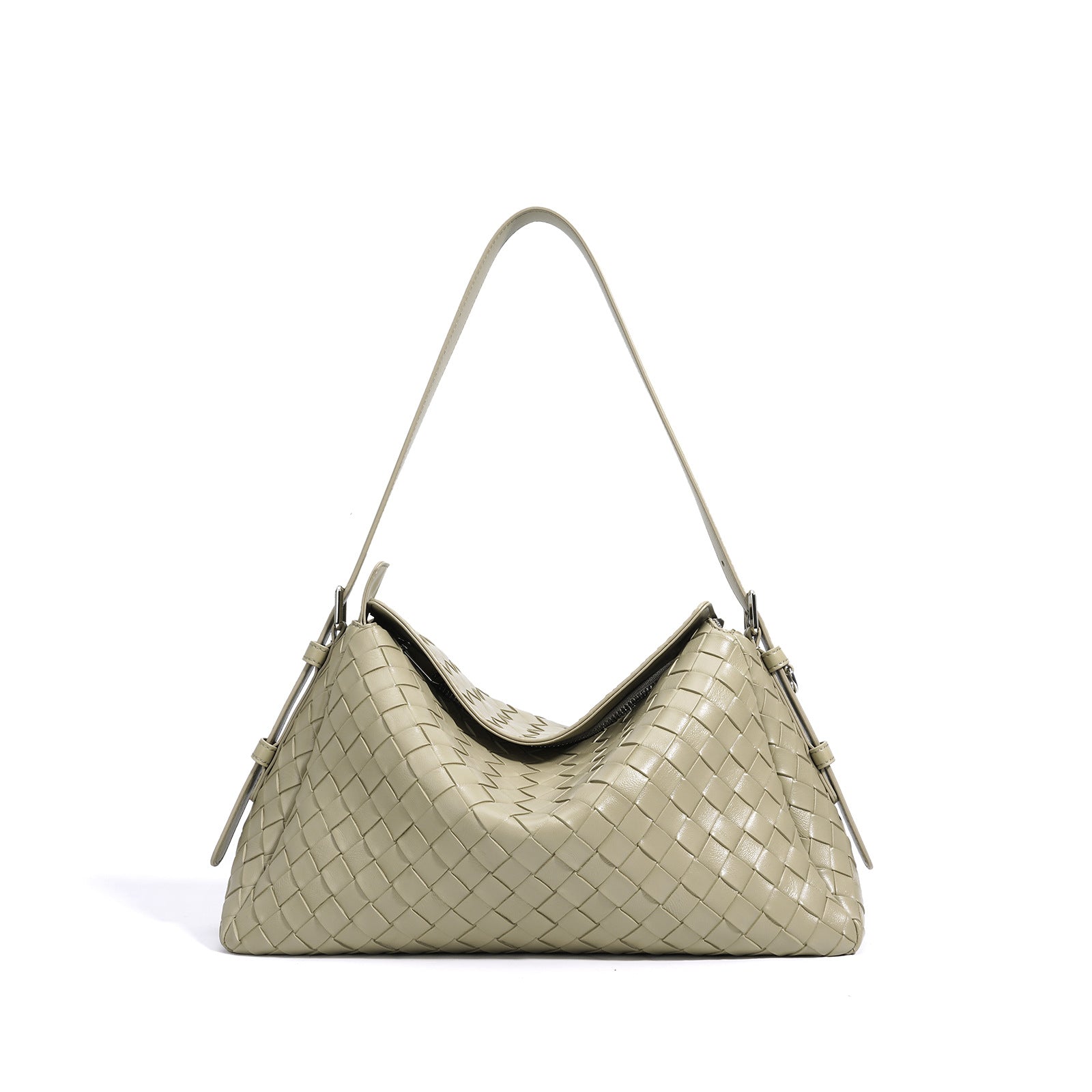 Leather Quilted Shoulder Bag, Elegant Woven Handbag, Stylish & Minimalist-Shoulder Bags-Matcha green-Free Shipping Leatheretro